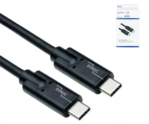 USB 3.2 kábel C-típusú C dugóhoz, akár 20 GBit/s és 100W (20V/5A) töltés, fekete, 1m, DINIC doboz (karton)
